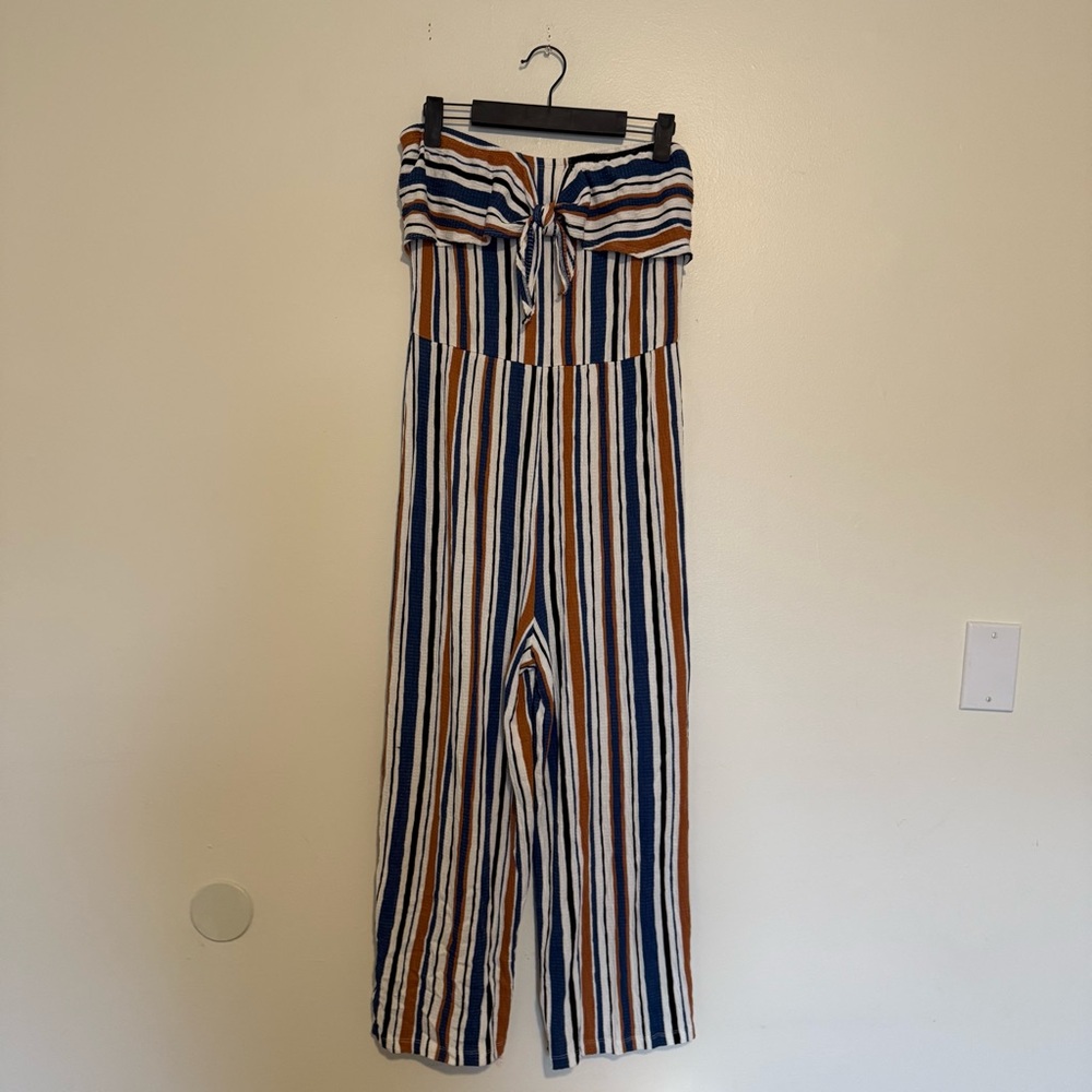 Love Tree | Blue and Brown Striped Strapless Jumpsuit